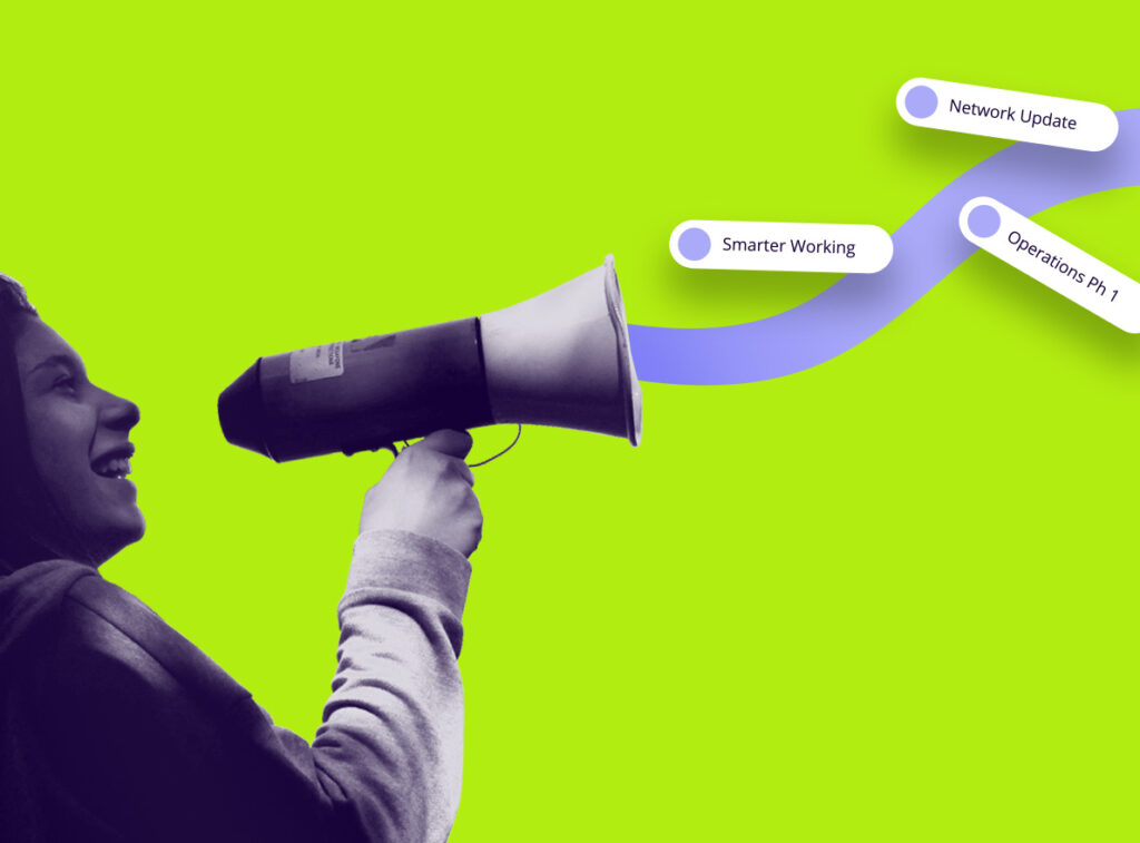 A woman holding a megaphone with a "smarter working", "network updates" and "operations" icons